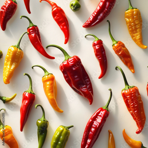 A collection of vibrant chili peppers, showcasing various shapes and sizes, isolated against a pristine, creamy white background, with delicate stem details and a subtle sheen.