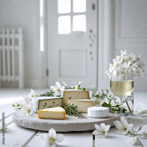 A soft, elegant scene in a white-toned setting. In the foreground, a minimal wooden or stone platter filled with assorted cheeses