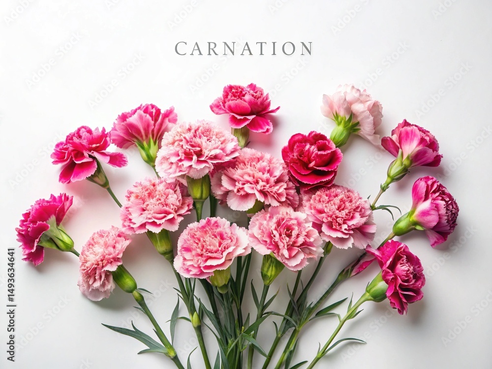 Beautiful Carnation Flowers Arrangement on White Background in Shades of Pink and Red Beautiful Carnation Flowers Arrangement on White Background in Shades of Pink and Red