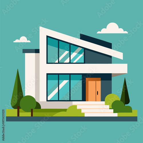 vector illustration of a modern house, An illustration of a modern two story house with a front porch, a yard, and trees.