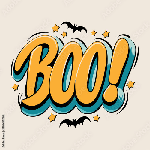 Vibrant halloween boo text with cartoon bats and stars