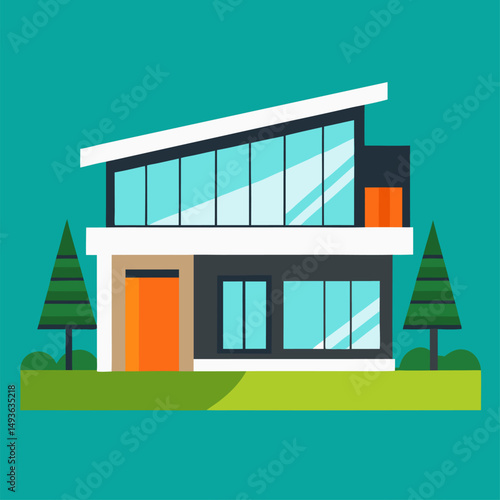 vector illustration of a modern house, An illustration of a modern two story house with a front porch, a yard, and trees.