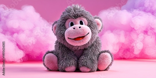 plushie furry long-haired gorilla with eyes, mouth and feet, sitting on the ground, showing pink pads, cute style, smiling expression, candy color, clean , cloud background, 