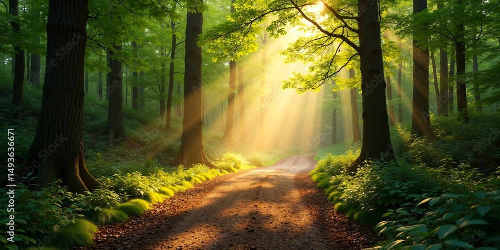 Obraz premium Photography of a forest pathway, sunlight coming through the trees 