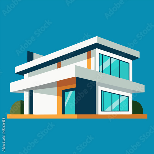 vector illustration of a modern house, An illustration of a modern two story house with a front porch, a yard, and trees.