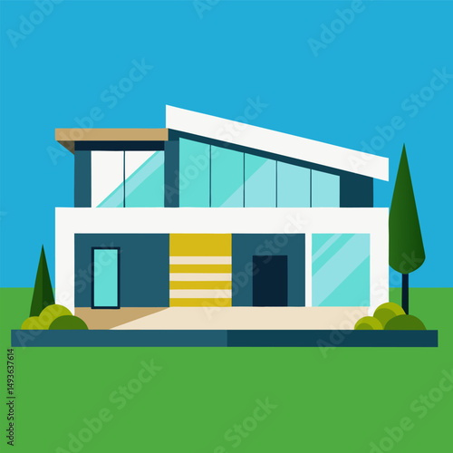 vector illustration of a modern house, An illustration of a modern two story house with a front porch, a yard, and trees.