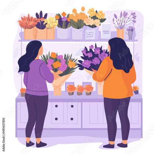 Happy friends choosing flowers in a shop