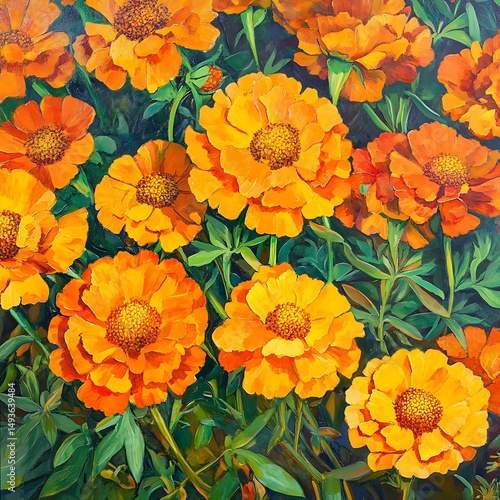 Vibrant orange flowers in a detailed botanical painting.