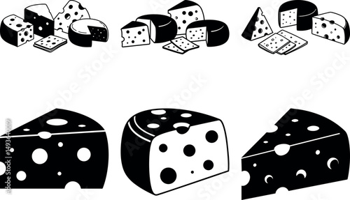 Assorted cheese types black and white illustration