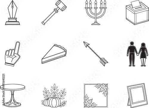 This outline collection features diverse icons including legal gavel and decorative autumn gourds
