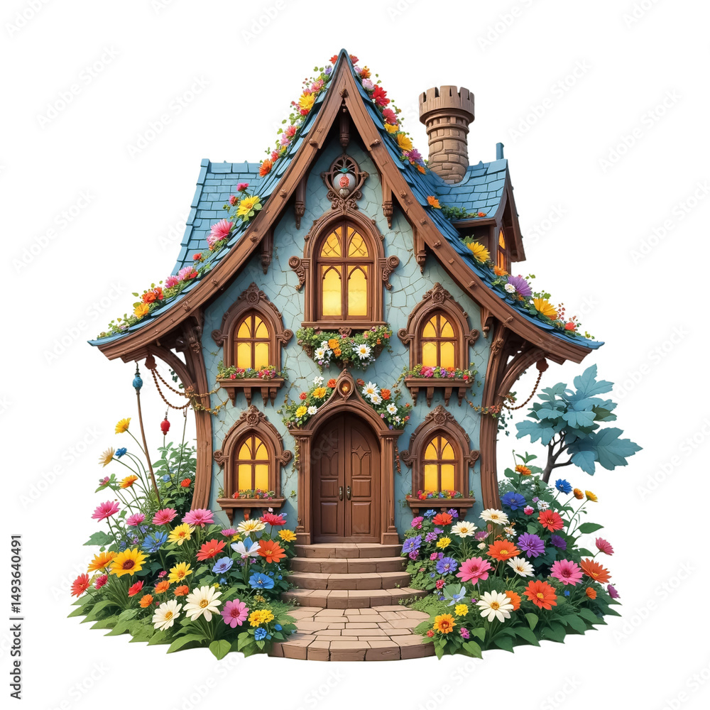 Fototapeta premium Enchanted Fairytale Cottage with Vibrant Flower Garden