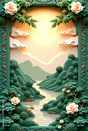chinese garden with flowers and water