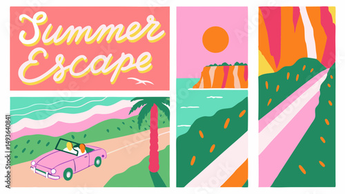 Chasing the sun on a summer escape cruising in a pink convertible with dreamy retro graphics and