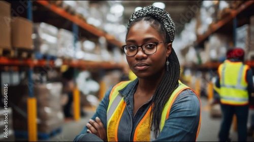 Young African-American female warehouse worker with arms crossed, standing in busy storage warehouse