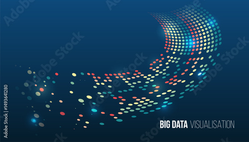 Digital data analysis, information technology and modern methods of information processing. Abstract visualization of big data in the form of a wave-like flow of colored dots on a dark blue background
