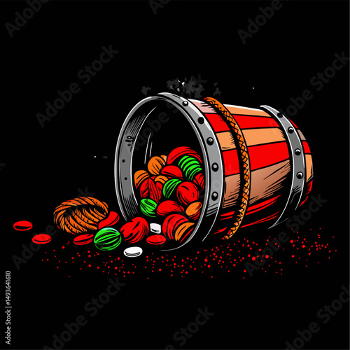 Spilled treasure colorful candies overflowing from a wooden barrel