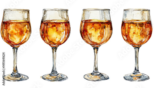 a watercolor painting depicts four glasses filled with amber liquid, showcasing delicate brushstrokes and a transparent effect.