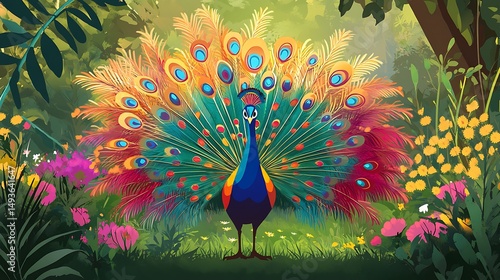 Vibrant peacock in a colorful, lush forest setting.