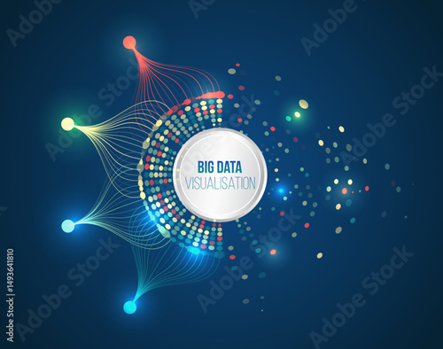 Symbolizing data-driven analysis, integration, and decision making. Colorful arcs of data points and connecting lines illustrate the complex structure and flow of big data.