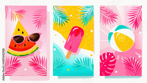 Summer vibes artwork featuring watermelon popsicle and beach ball evoking warm sunny days in pastel