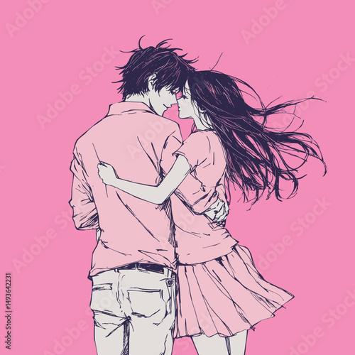 Anime couple in an embrace with a pink background