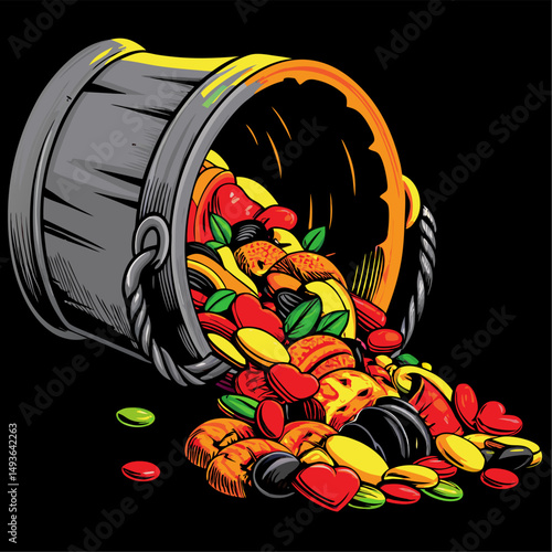 Overturned wooden bucket overflowing with colorful candies and sweets