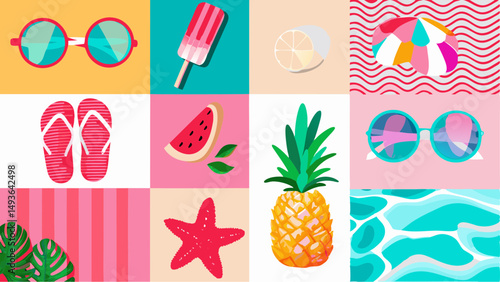 Vibrant Summer Moodboard Sunglasses Treats and Beach Essentials evoking joyful vacation memories