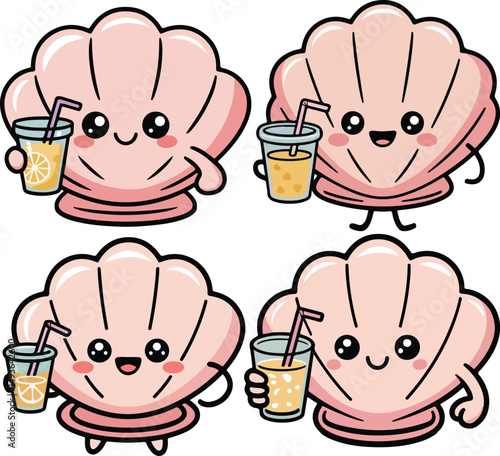 Kawaii Style Seashell Character with Juice vector illustration