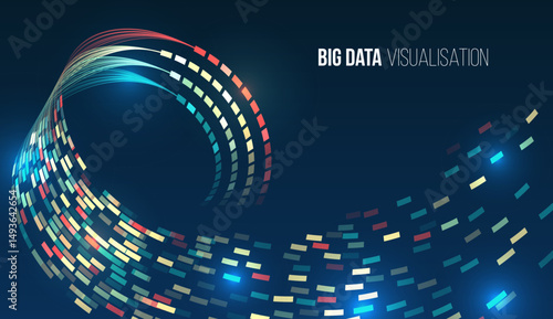 Abstract visualization of big data in the form of a wave-like flow of colored dots on a dark blue background. Digital data analysis, information technology and modern methods of information processing