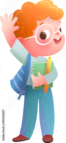 Cheerful Schoolboy Waving and Holding Books Ready to go to School. Redhead boy with schoolbag a notebook and a pen for kids learning and studying. Children back to school vector illustration clip art
