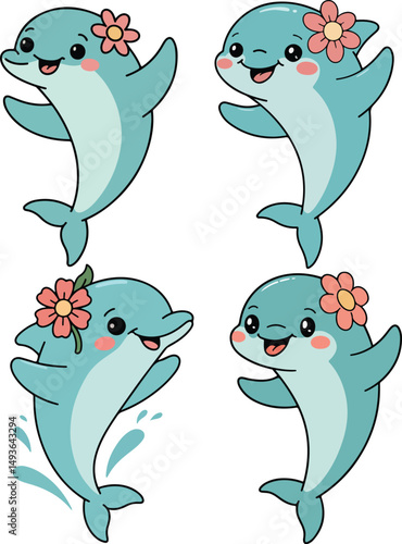 Sweet Cartoon Dolphin Character with Flower and Rosy Cheeks vector illustration