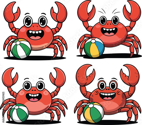 Adorable Cartoon Crab with Beach Ball vector illustration
