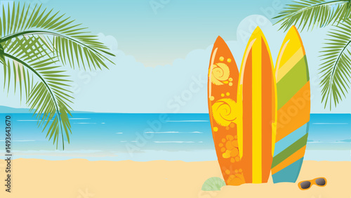 Vibrant surfboards stand ready for adventure soaking up the summer sun on a tropical beach with