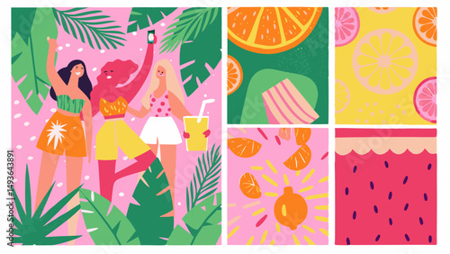 Tropical vacation vibes with friends enjoying summer treats and taking selfies in bright flat