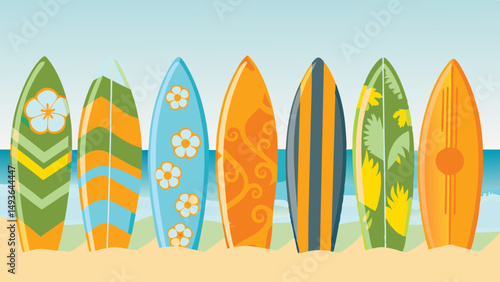 Colorful surfboards lined up on a sun kissed beach ready for a summer adventure in a vibrant vector