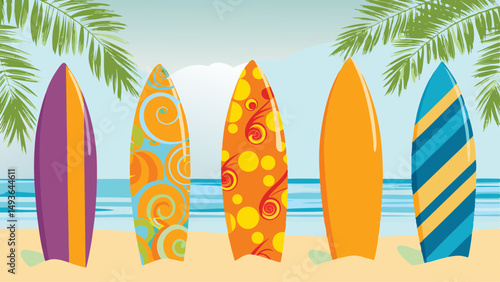 Colorful surfboards line sandy beach awaiting summer adventures against a tropical palm tree skyline