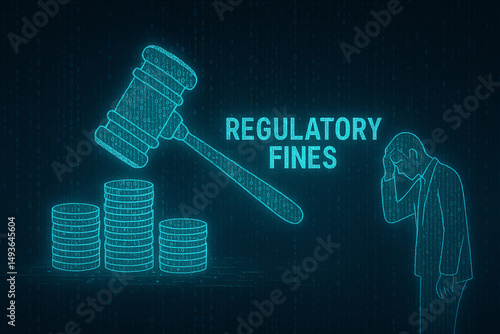 A digital illustration depicting the concept of regulatory fines, showcasing a gavel and stacks of coins next to a concerned businessman