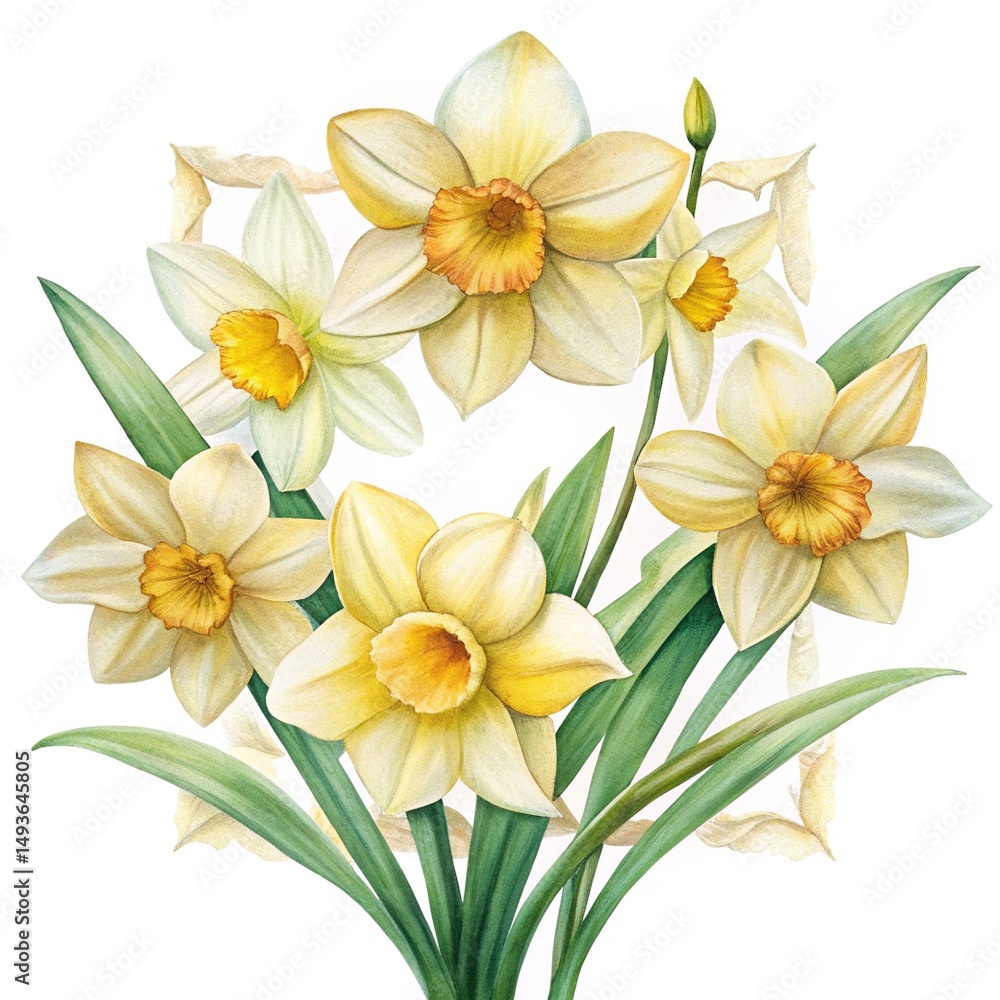 Fototapeta premium Elegant Watercolor Illustration of Daffodils in Full Bloom with Soft Lighting