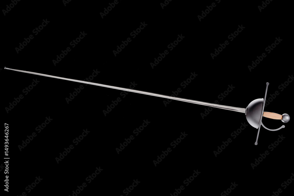 Detailed Steel Rapier Sword with Traditional Hilt on Black Background.. Detailed Steel Rapier Sword with Traditional Hilt on Black Background..