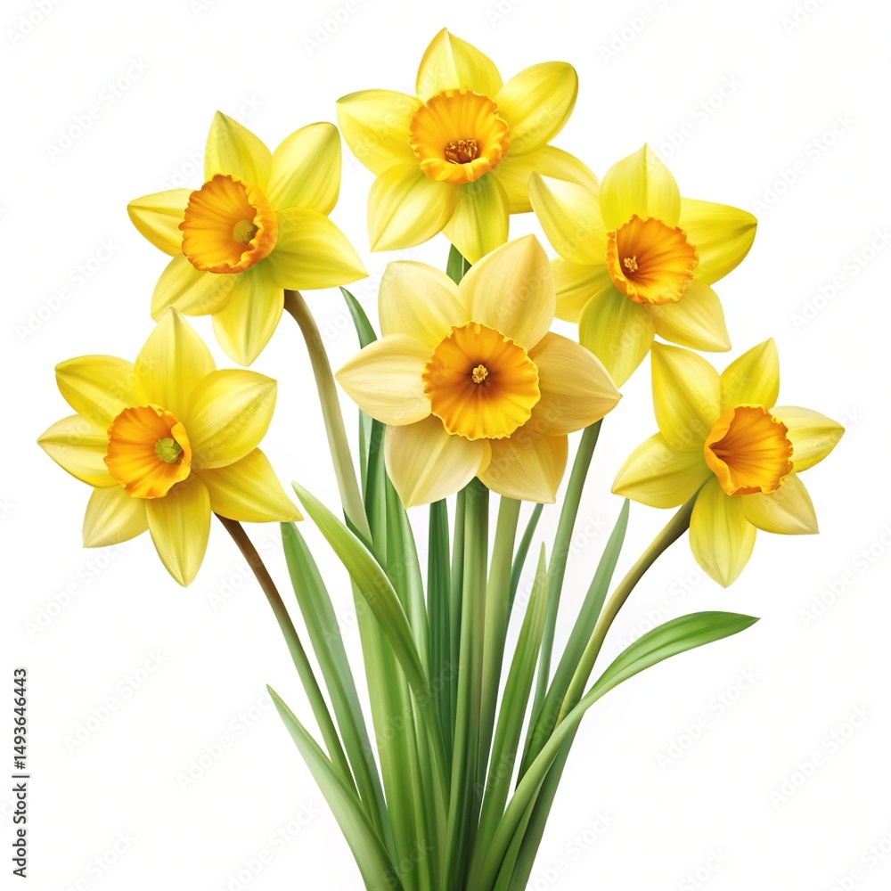 Beautiful bouquet of yellow daffodils with orange centers on a white background Beautiful bouquet of yellow daffodils with orange centers on a white background