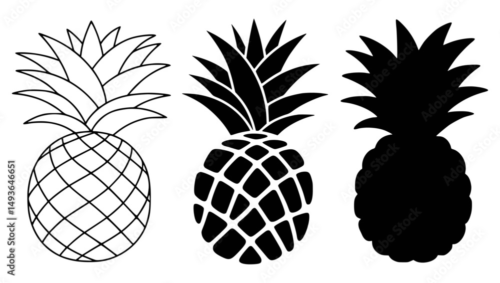 Obraz premium Vector illustrations of three black and white pineapple designs