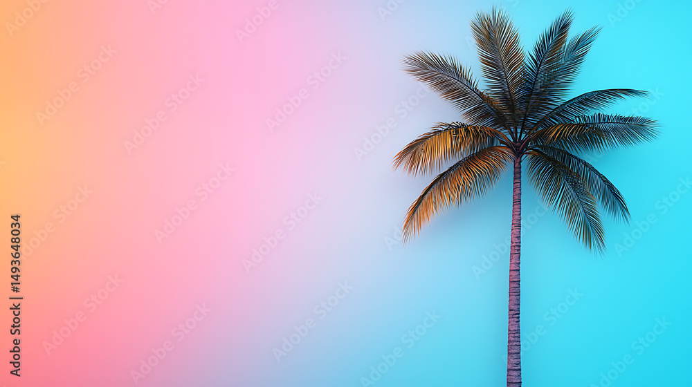Obraz premium Tranquil Palm Tree Silhouette Against Pastel Sunset Sky: Serene Coastal Vibe and Tropical Relaxation, Creating a Calming Aesthetic.