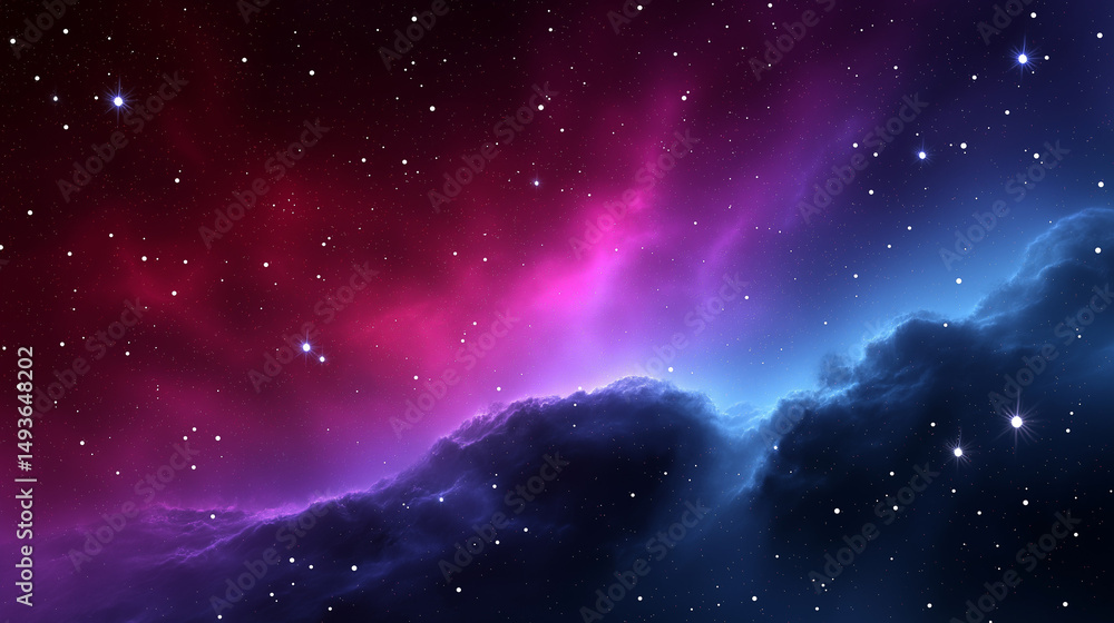 Fototapeta premium Purple Nebula and Starburst in Deep Space. Vibrant Galactic Nebula Explosion in the Cosmos. starry night sky with stars