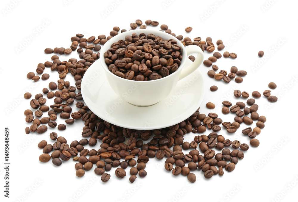 Obraz premium Aromatic coffee in cup and beans isolated on white