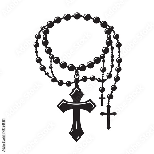 Black Color Rosary Silhouette Vector Illustration, Solid White Background. minimal vector design