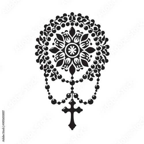 Black Color Rosary Silhouette Vector Illustration, Solid White Background. minimal vector design