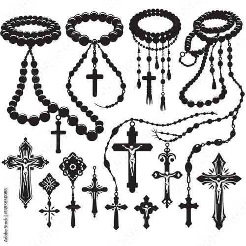 Black Color Rosary Silhouette Vector Illustration, Solid White Background. minimal vector design