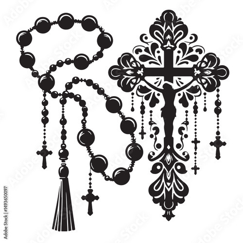 Black Color Rosary Silhouette Vector Illustration, Solid White Background. minimal vector design