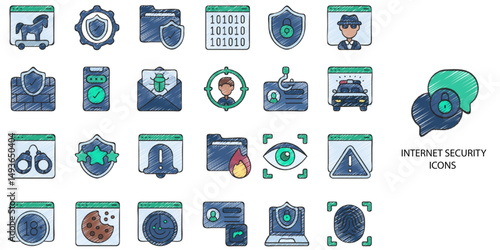 Internet Security simple concept 24 hand drawn color icons set. Contains such encryption, firewall, protection, defense, infrastructure, security .Vector illustration.