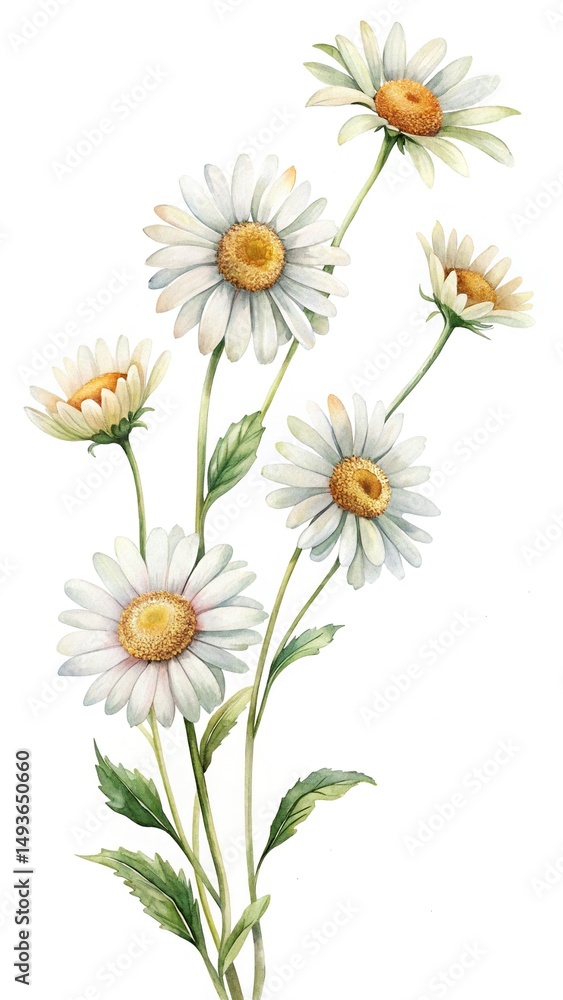 Obraz premium Watercolor Illustration of White Daisies with Green Stems on a White Background